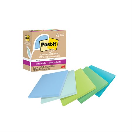 Feuillets recyclés Post-it® Super Sticky - Collection oasis 3 x 3 po. Uni. paquet de 5, bloc de 70 feuilles