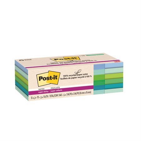 Feuillets recyclés Post-it® Super Sticky - Collection oasis 3 x 3 po. Uni. paquet de 12, bloc de 70 feuilles