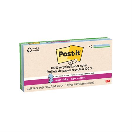 Post-it® Super Sticky Recycled Notes – Oasis Collection 3 x 3 in. Pop-Up. package of 6, 70-sheet pad
