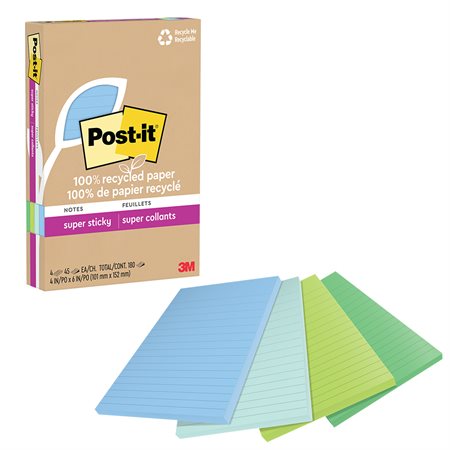 Feuillets recyclés Post-it® Super Sticky - Collection oasis 4 x 6 po. Ligné. paquet de 4, bloc de 45 feuilles