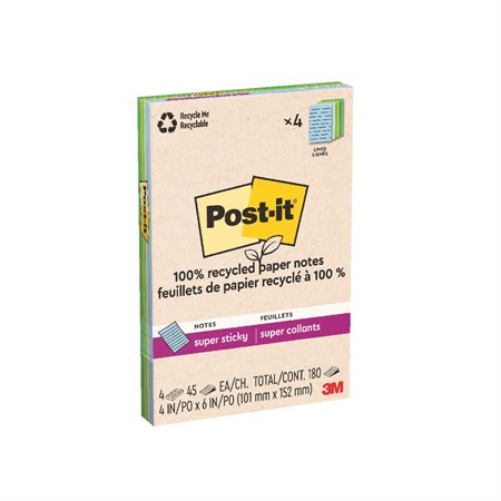 Feuillets recyclés Post-it® Super Sticky - Collection oasis 4 x 6 po. Ligné. paquet de 4, bloc de 45 feuilles