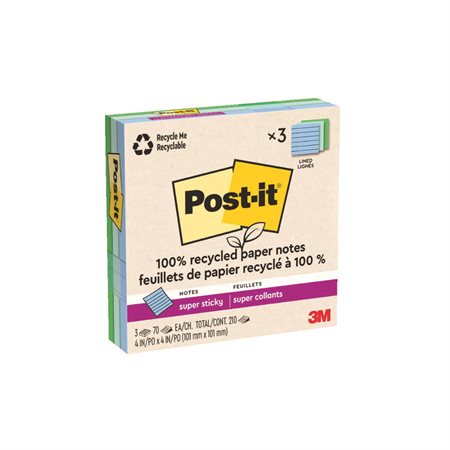 Feuillets recyclés Post-it® Super Sticky - Collection oasis 4 x 4 po. Ligné. paquet de 3, bloc de 70 feuilles