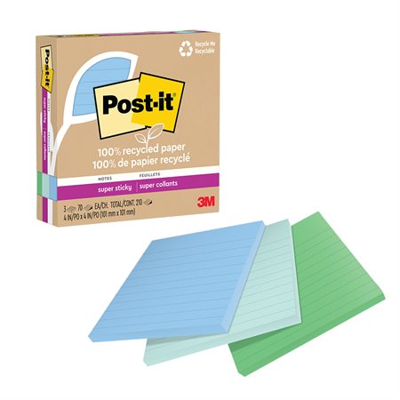 Feuillets recyclés Post-it® Super Sticky - Collection oasis 4 x 4 po. Ligné. paquet de 3, bloc de 70 feuilles