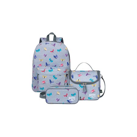 Backpack-Lunchbox-Pencil Case Kit grey butterflies