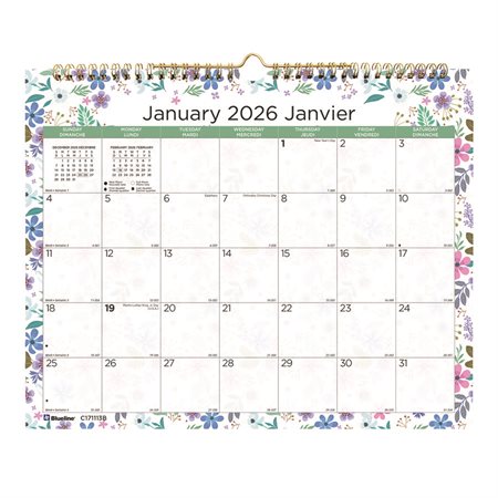 Calendrier mural mensuel fleurs (2026) blanc