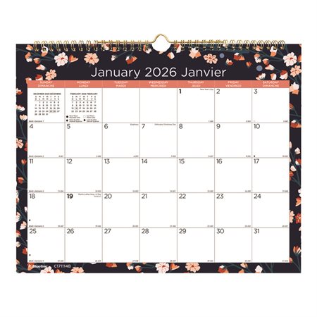 Calendrier mural mensuel fleurs (2026) noir