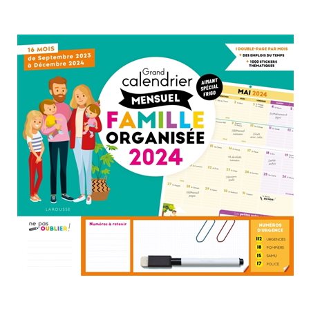 Grand calendrier mensuel famille organisée 2024