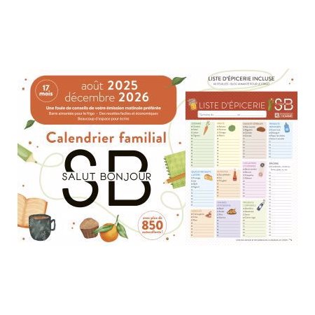 Calendrier familial Salut Bonjour 2025-2026 et Listes d'épicerie Salut Bonjour