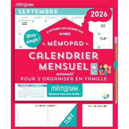 Mémopad : calendrier mensuel aimanté 16 mois 2025-2026