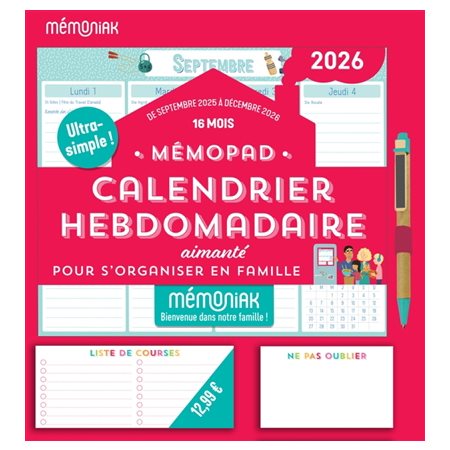 Mémopad : calendrier hebdomadaire aimanté 16 mois 2025-2026